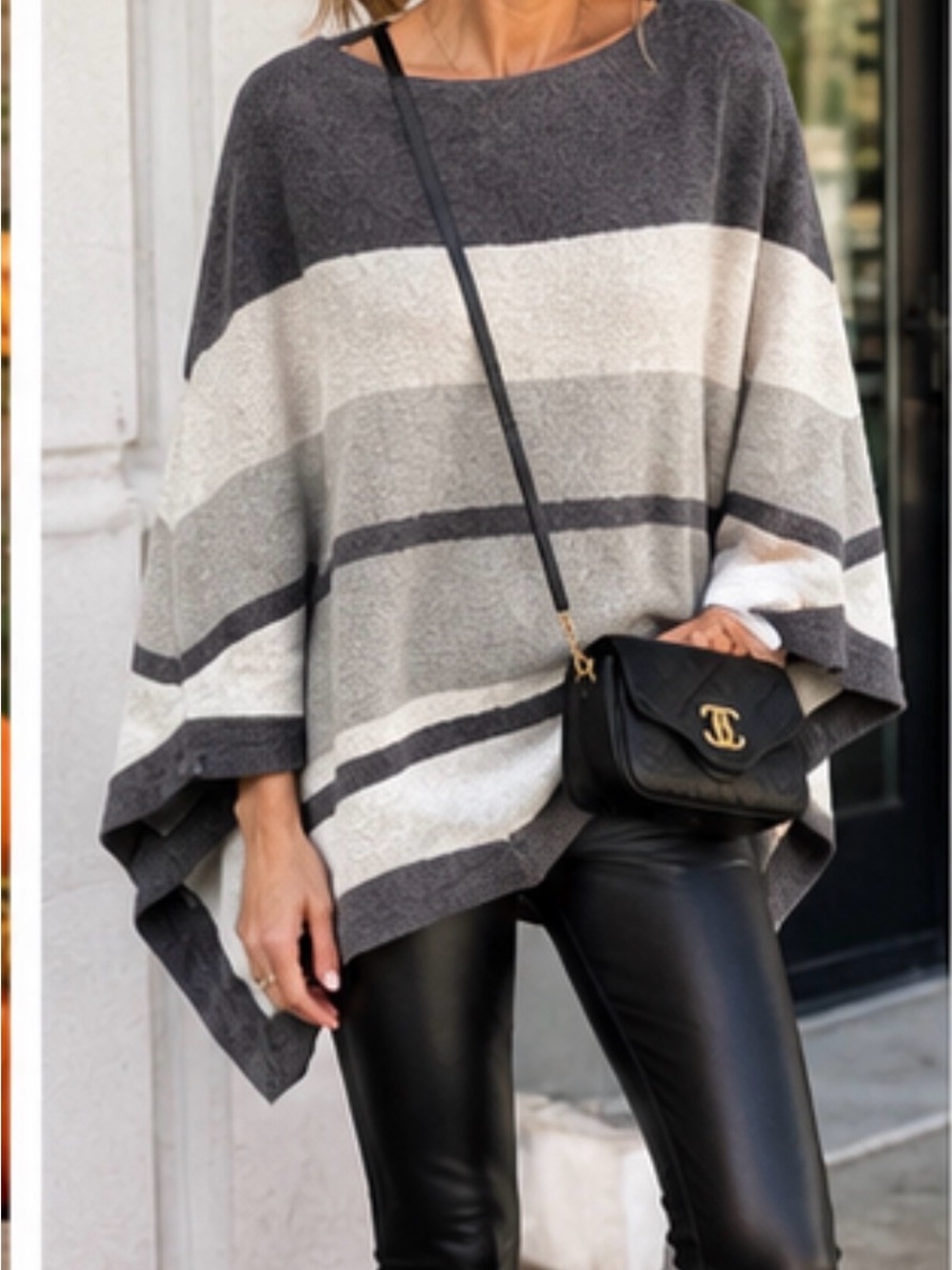Striped Cozy Poncho Sweater in Gray and Cream Barefoot Dreams